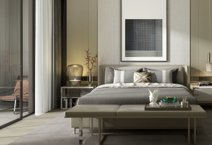 Bedroom with white bed and tables at foot of bed and side of bed